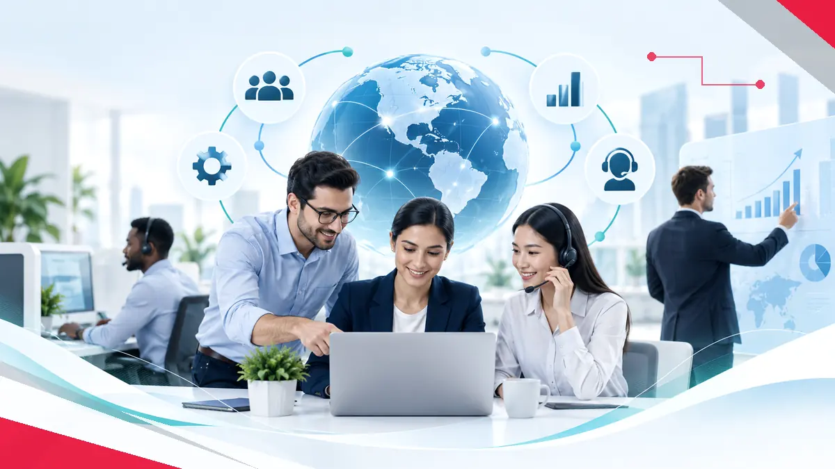 Equipo global de BPO, BPA y KPO trabajando con tecnología y analítica