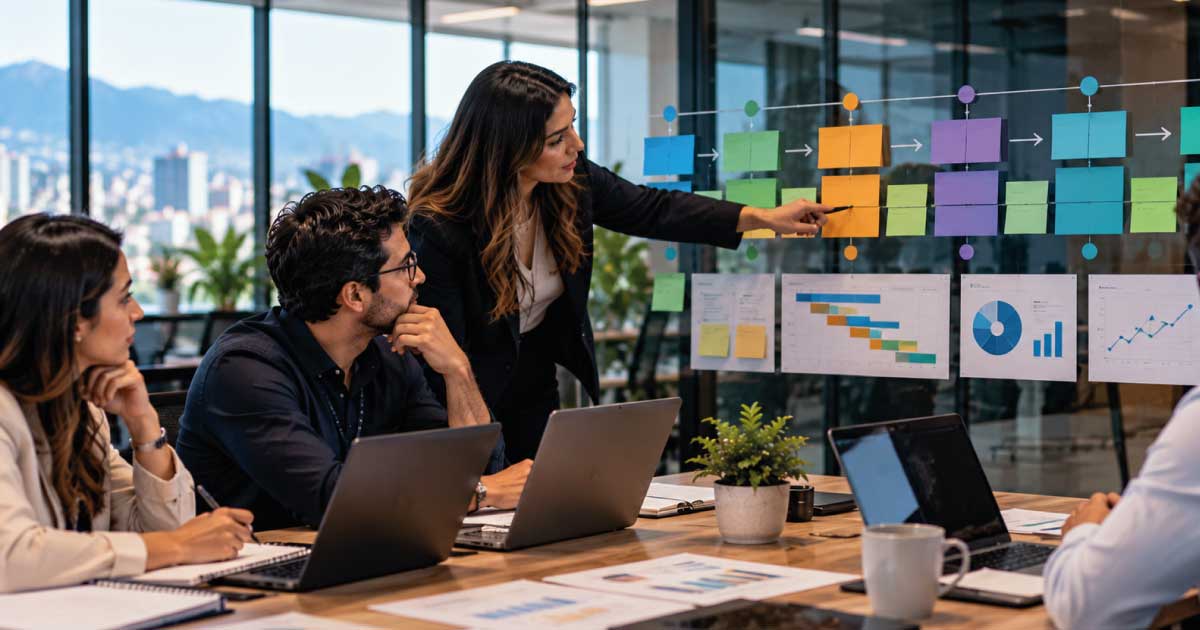 Equipo gestionando un plan de transición BPO de 90 días con discovery, piloto, ramp-up, hypercare y control de riesgos