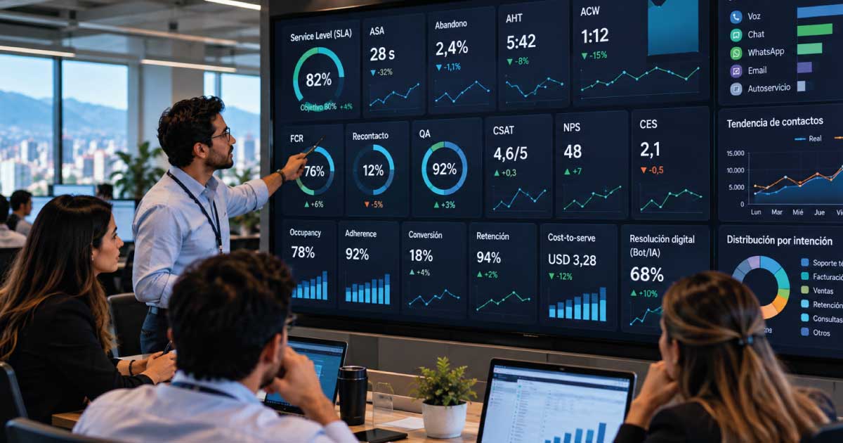 Equipo de Contact Center analizando KPIs de servicio, eficiencia, calidad, experiencia y rendimiento operativo