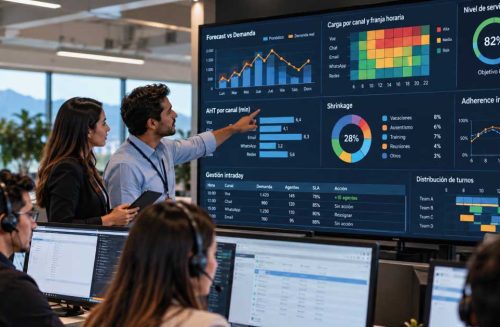 workforce-management-forecast-staffing-intraday Equipo de Workforce Management analizando forecast, staffing, nivel de servicio e intraday en una operación BPO