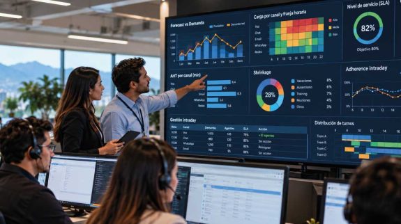 workforce-management-forecast-staffing-intraday Equipo de Workforce Management analizando forecast, staffing, nivel de servicio e intraday en una operación BPO