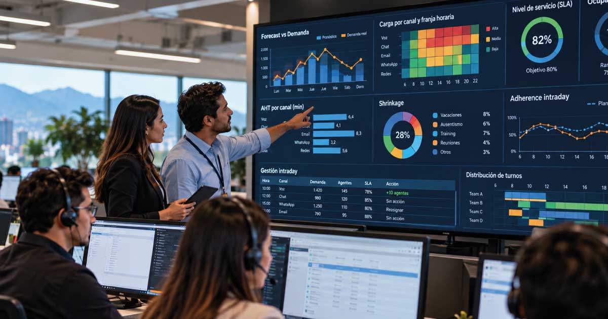 Equipo de Workforce Management analizando forecast, staffing, nivel de servicio e intraday en una operación BPO