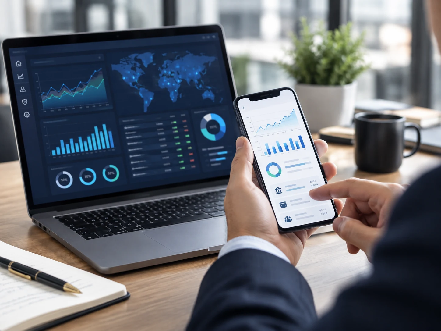 Análisis financiero digital en portátil y móvil para optimizar procesos de atención al cliente.