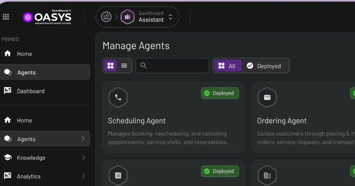 Plataforma OASYS de SoundHound AI para gestionar agentes de inteligencia artificial.