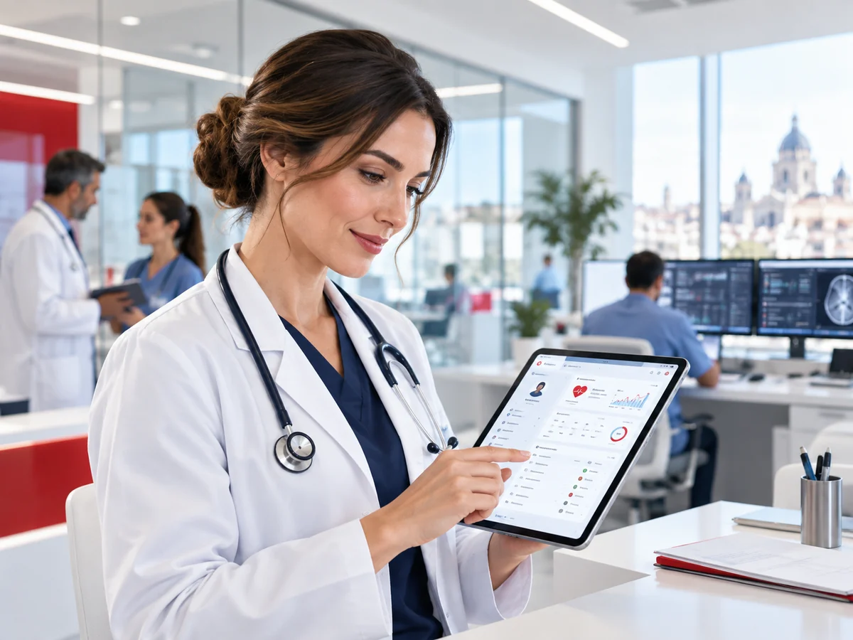Profesional médico utilizando herramientas digitales para gestionar la atención al paciente
